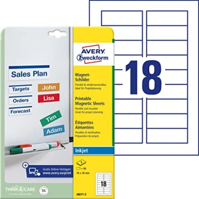 Abbildung von AVERY Zweckform J8871 5 Magnet Schilder (90 Magnete, 78x28mm auf A4, spezialbeschichtet, bedruckbar, magnetische Haftung White Boards, Metalltafeln, uvm., für Inkjet Drucker) Blatt, weiß