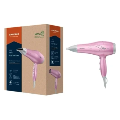 Abbildung von GRUNDIG HD 6280 Haartrockner 2200 W, Föhn, Ionen Funktion, 3 Temperatur und 2 Luftstromstufen, Kaltstufe, Keramikbeschichtung, mit Pink Lotusöl, 1,8 m Kabel, Rose/Silber