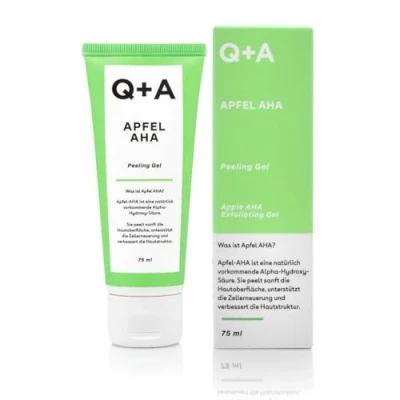 Abbildung von Q+A Apfel AHA Peeling Gel, die natürlich vorkommenden AHA’s, Apfelsäure und Milchsäure verbessern sichtbar unebene Hautstrukturen. 75 ml