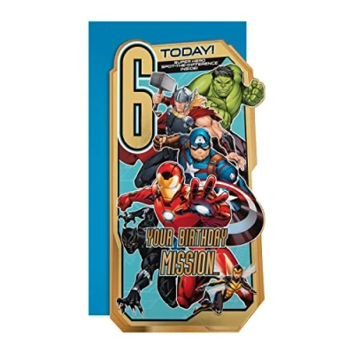 Abbildung von Hallmark Geburtstagskarte zum 6. Geburtstag gestanztes Marvel Avengers Design