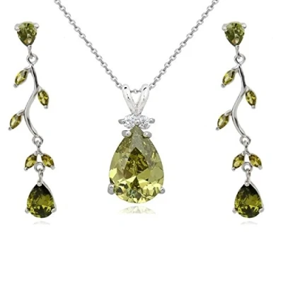 Abbildung von Crystalline Azuria Tropfenform Schmuck Set mit Grünes Olivin Zirkonia Kristalle Halskette Anhänger 45 cm Ohrringe 18 kt Weiß Vergoldet für Damen