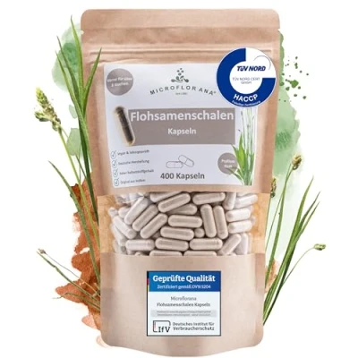 Abbildung von MICROFLORANA® Flohsamenschalen Kapseln 400 3.660 mg hochdosiert je Portion Laborgeprüfte Qualität Indischer Flohsamen Frei von Zusätzen Psyllium Husk Leichte Dosierung