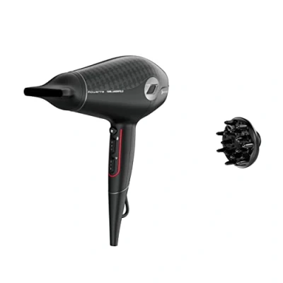 Abbildung von Rowenta x Karl Lagerfeld CV613L Glow Addict Haartrockner Hybridmotor für ultraschnelles Trocknen Ionen Booster, Booster 8 mm Stylingdüse Kaltlufttaste ergonomisch Schwarz/Rot