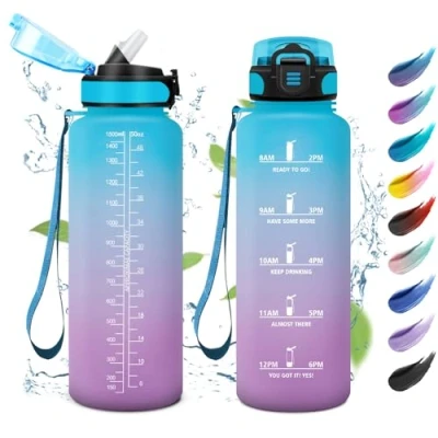 Abbildung von Wasserflasche 1,5 Liter, Trinkflasche Sport mit Zeitmarkierung, Kohlensäure Geeignet, Auslaufsicher Strohhalm, Sportflasche für Fitness, Schule, Erwachsener, Camping, Radfahren