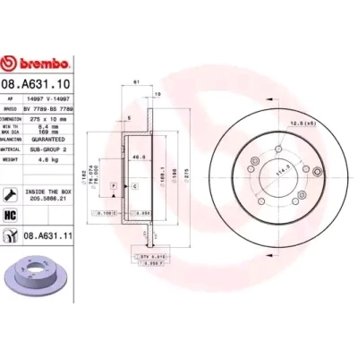 Abbildung von BREMBO COATED DISC LINE 08.A631.11 Bremsscheibe 275 10 5 voll beschichtet hochgekohlt mit Schrauben KIA: CARENS 3, 2