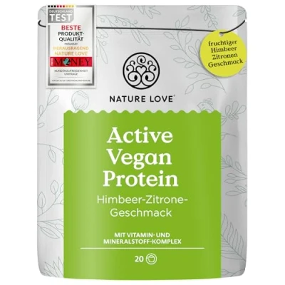 Abbildung von NATURE LOVE® Active vegan Protein Pulver Himbeer Zitrone 600 g veganes Proteinpulver mit Vitamin und Mineralstoff Komplex Eiweiß ohne Zuckerzusatz laborgeprüft