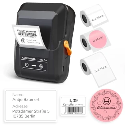 Abbildung von SUPVAN T50M Pro Etikettendrucker Bluetooth mit 3 Etikettenrollen (2 weiß 1 rosa) Value Pack, automatische Etikettengrößenerkennung, für Einzelhandel, Büro, Organisation, Schule und Zuhause