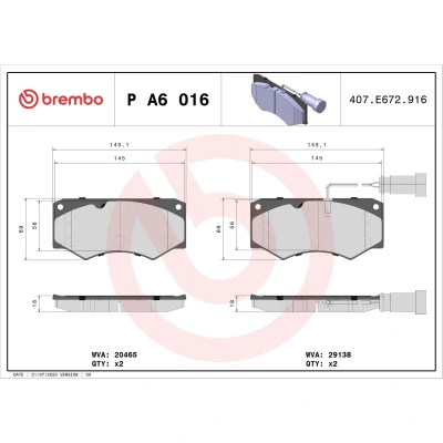 Abbildung von BREMBO P A6 016 Bremsbelagsatz inkl. Verschleißwarnkontakt ohne Zubehör IVECO: DAILY 2 Kasten/Kombi