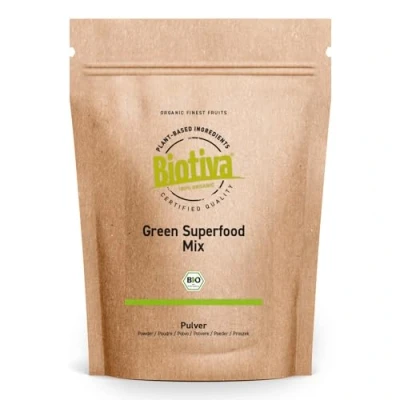 Abbildung von Green Superfood Mix Pulver Bio 400g Gerstengras Weizengras Spirulina Chlorella Moringa Löwenzahnwurzel Brennnessel Kelp &amp; Matcha aus 9 Superfoods Biotiva