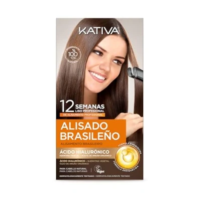 Abbildung von Kativa Brasilianisches Haarglättungs Set mit Shampoo nach dem Glätten professionelle Glättungsbehandlung zu Hause bis 12 Wochen Dauer Keratin Glättung