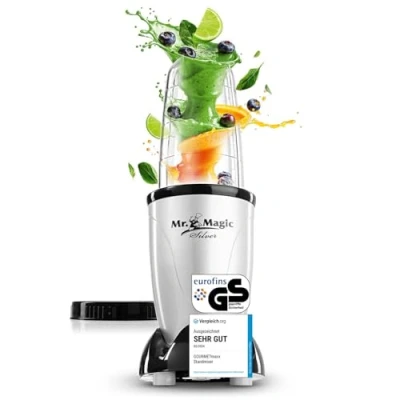 Abbildung von GOURMETmaxx Mr. Magic Mixer Smoothie Maker 4 tlg. Standmixer mit Mixbecher &amp; Frischhaltedeckel Blender 8 Funktionen Food Processor für Shakes, Smoothies, Shots Co.