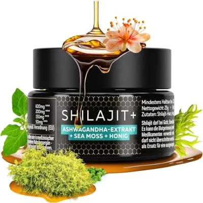Abbildung von Original Shilajit min Ashwagandha und Sea Moss &amp; Manuka Honig 25g 82% Fulvinsäure Mumijo Hochdosiert I Natürlicher Geschmack 60 Tage Sonnen Trocknung Traditionelle Handernte