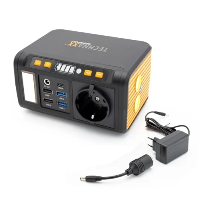 Abbildung von Technaxx Mini Powerstation TX 205 mit LED Panel, Lampe, 5X USB 74Wh Powerbank 230V eingebauter Steckdose für Laptop, Handy, Kühlschrank etc., Kompatibel Solarladegeräten
