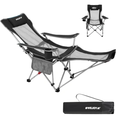 Abbildung von #WEJOY 2 in 1 Campingstuhl Faltbar mit Verstellbarer Rückenlehne &amp; Fußstütze Outdoor, Strandstuhl liegestuhlmit Wattepad Kissen Getränkehalter Armlehnentaschen Schwarz/Grau