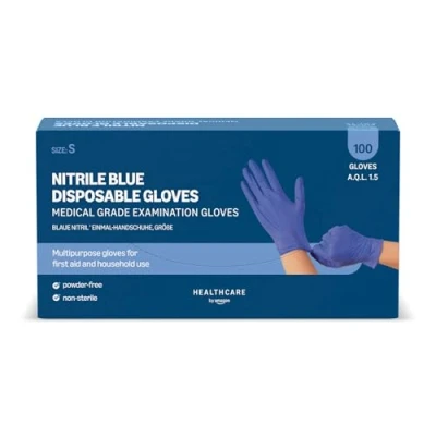 Abbildung von Amazon Basic Care Blaue Nitril Einmal Handschuhe, Puder frei, Größe S, 100 Handschuhe (Früher Marke Hevea)