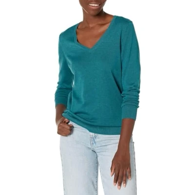 Abbildung von Amazon Essentials Damen Leichter, Langärmeliger Pullover Mit V Ausschnitt, Klassischer Schnitt (Erhältlich In Übergröße), Grünblau Meliert, XL
