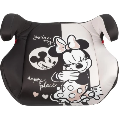 Abbildung von Disney Minnie KindSitzerhöhung i Size ECE R129 mit ISOFIX Befestigungen. Autokindersitz für Sicherheit Kindern Körpergröße 125 150 cm. Sitzerhöhung Grafiken von Minnie, auf schwarz Hintergrund.