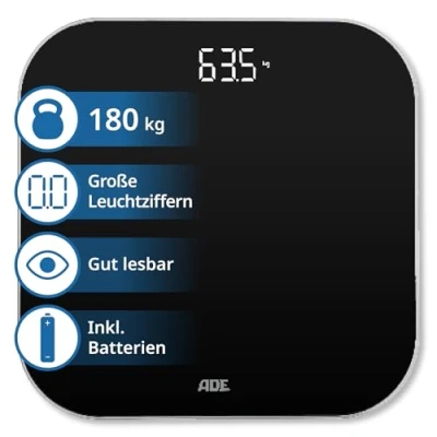 Abbildung von ADE Digitale Personenwaage mit klarer LED Anzeige präzise Körperwaage Wiegefläche aus Sicherheitsglas bis 180 kg schwarz inkl. Batterien