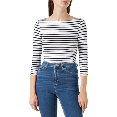 Abbildung von Amazon Essentials Damen Einfarbiges T Shirt mit U Boot Ausschnitt und 3/4 Ärmeln in schmaler Passform, Weiß Streifen, M