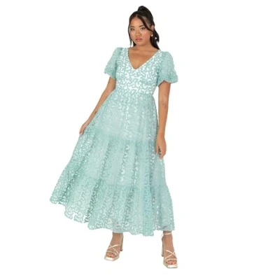 Abbildung von Maya Deluxe Damen Women&#039;s Ladies Midi Dress V Neck Short Puff Sleeves Keyhole Back Floral Embroidery Tie Bow A line for Wedding Guest Prom Kleid, Vert Menthe, 40