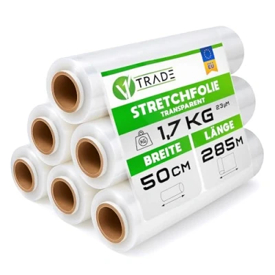Abbildung von V1 TRADE Stretchfolie 500mm Transparent Strechfolienrolle 6 Wickelfolie Handstretchfolie 285m/50cm Verpackungsmaterial Verpackungsfolie Folie Für Möbel Folien Umzug Umzugsfolie