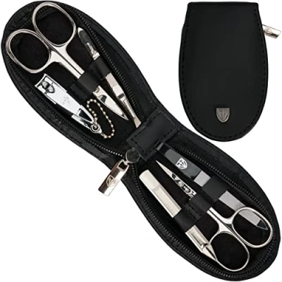 Abbildung von DREI SCHWERTER Germany 6 tlg. &#039;Olbia&#039; Maniküreset Nagel Set Etui in Echt Leder schwarz Inhalt: Hautschere, Nagelschere, Pinzette schräg, Doppelinstrument, Nagelknipser, Saphirnagelfeile