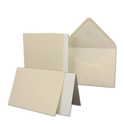 Abbildung von 50 Sets großes Kartenpaket mit Faltkarten &amp; Umschlägen und Einleger 10,5 x 14,8 cm DIN A6/C6 Creme Chamois GERIPPT