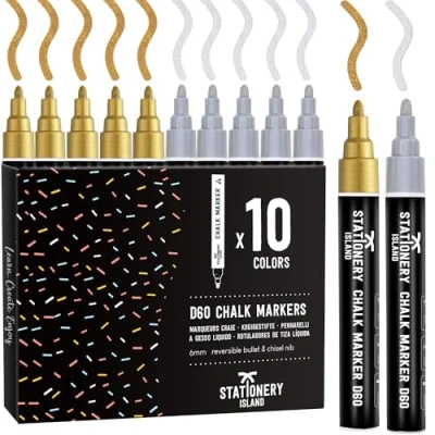 Abbildung von STATIONERY ISLAND Kreidestifte für Tafel Abwaschbar, Fenster, 10 Metallic Farben Kreidemarker Glas &amp; Tafeln, Fensterstifte, 5 Golden + Silber