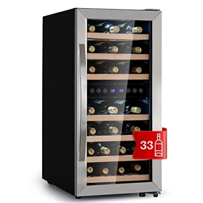 Abbildung von Klarstein Weinkühlschrank Freistehend, Kleiner Getränkekühlschrank Schmal, 2 Zonen mit Glastür, Indoor/Outdoor Beersafe, Kühlschrank Klein LED Lichter, 5 18C, 33 Flaschen