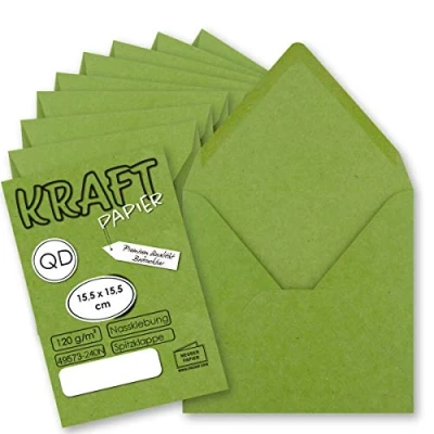 Abbildung von 50x Vintage Umschläge quadratisch aus hellgrünem (grün) Kraftpapier nachhaltig 15,5 x cm Nassklebung Spitzklappe NEUSER PAPIER