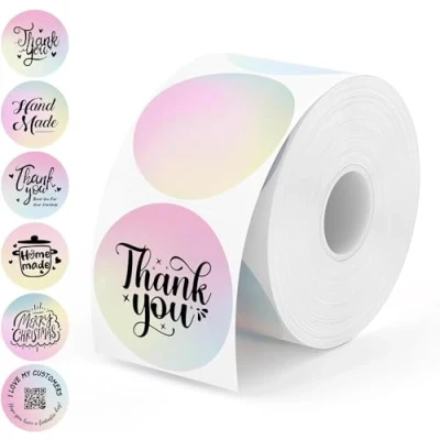 Abbildung von MUNBYN 2 Zoll rosa Farbverlauf Thermo Etiketten, runde bedruckbare Aufkleber für kleine Unternehmen, wasserfeste personalisierte Etiketten 750 Etiketten/1 Rolle