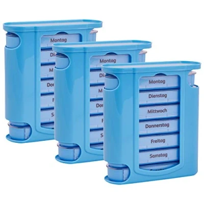 Abbildung von 3x WELLGRO Tablettenbox für 7 Tage je 4 Fächer pro Tag 11,5 x 4,5 13 cm (BxTxH) Farbe wählbar, Farbe:Grau