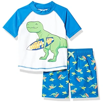 Abbildung von Simple Joys by Carter&#039;s Baby Jungen Swimsuit Trunk and Rashguard Rash Guard Set, Blau Weiß Dinosaurier, 3 Jahre