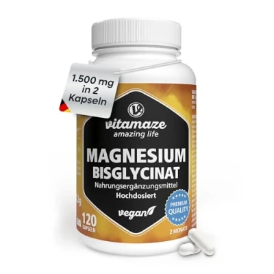 Abbildung von Magnesium Bisglycinat Kapseln hochdosiert, 1500 mg in nur 2 davon 300 elementares pro Tagesdosis, 120 vegane für Monate, ohne Zusatzstoffe, Made Germany