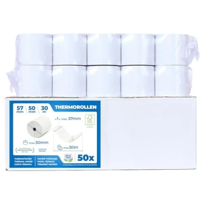 Abbildung von Thermorollen 57mm x 50mm 12mm Kassenrollen Bonrollen für Registrierkasse mit Bondrucker Thermopapier Kassensysteme BPA Frei (50 Rollen)