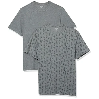 Abbildung von Amazon Essentials Herren Kurzärmliges T Shirt mit Rundhalsausschnitt in normaler Passform, 2er Pack, Grau Meliert/Kaktus, S