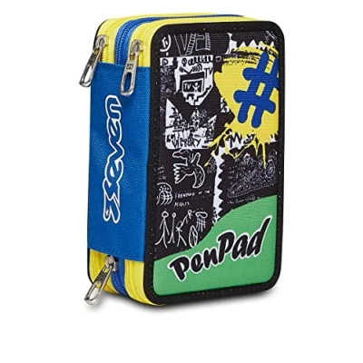 Abbildung von Seven Federmäppchen, Mäppchen, mehrfarbig, Federtasche für Schreibwaren, Etui mit Stiften, Kugelschreiber, &amp; mehr, 3 Fächer, Mädchen Jungen, Schule Grundschule, XXL, gelb/blau