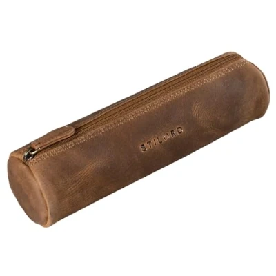 Abbildung von STILORD &#039;Miller&#039; Federmappe Leder Rund Vintage Federmäppchen Rolle Lederetui Stifterolle Pencil Case Schlamperrolle aus Echtem Leder, Farbe:mittel braun