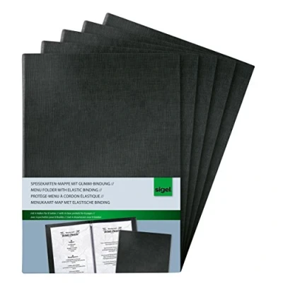 Abbildung von SIGEL SM110/5 Speisekarten Mappen / Präsentations Menükarten mit Gummi Bindung für A4, 5er Pack, schwarz edler Leinenstruktur, strapazierfähig und leicht abwischbar