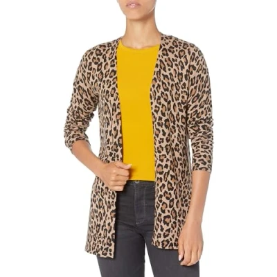 Abbildung von Amazon Essentials Damen Leichte Strickjacke, Vorne Offen (Erhältlich In Übergröße), Kamelbraun Leopardenmuster, L