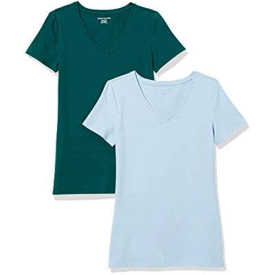 Abbildung von Amazon Essentials Damen Kurzärmeliges T Shirt mit V Ausschnitt, Klassischer Schnitt, 2er Pack, Dunkelgrün/Puderblau, XL