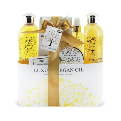 Abbildung von GLOSS! Beauty Set für Damen Geschenkbox Arganöl Kollektion Holz Box Schaumbad, Badesalz, Duschgel, Körperspray, Peeling &amp; Seife Muttertag, Jubiläum, Weihnachtsgeschenke
