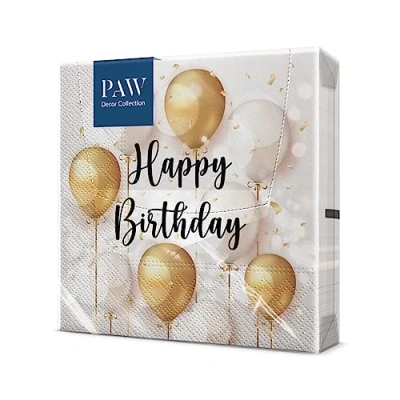 Abbildung von PAW serviettes d&#039;anniversaire (33 x 33 cm) I 20 pièces fêtes, anniversaires, célébrations en papier avec motif ballon or blanc décoration de table Birthday Gold Celebration