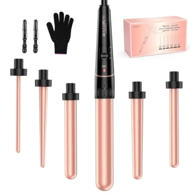 Abbildung von BESTOPE PRO 6 in 1 Lockenstab Große Locken und Kleine, Lockenstäbe, Mit Verschiedenen Aufsätzen, Handschuhen Temperatur Einstellbar, Roségold