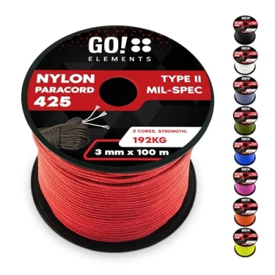 Abbildung von GO!elements 100m Paracord Seil aus reißfestem Nylon 3mm 425 Typ II max. 192kg Schnüre als Outdoor Seil, Allzweckseil, Survival Armband, Hundeleine, Nylonschnur, Farbe:Rot