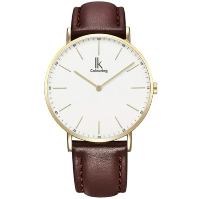 Abbildung von Alienwork IK Armbanduhr Herren Damen Gold Lederarmband Braun Weiss Ultra flach
