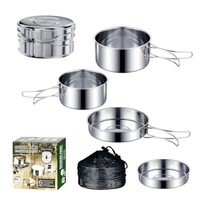 Abbildung von Logei Camping Kochgeschirr Set，Camping Geschirr Set 304 Edelstahl Kochtopf mit Pfanne Outdoor Tragbar Set，Faltbare Besteck Topfset Stapelbar Picknick Topf für Wan