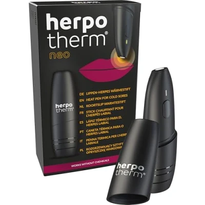 Abbildung von herpotherm neo bei Lippenherpes chemiefrei wirkt mit konzentrierter Wärme, statt Creme der original Herpes Hitzestift von herpotherm, schnelle Hilfe Lippen Herpes, bis zu 200 Anwendungen