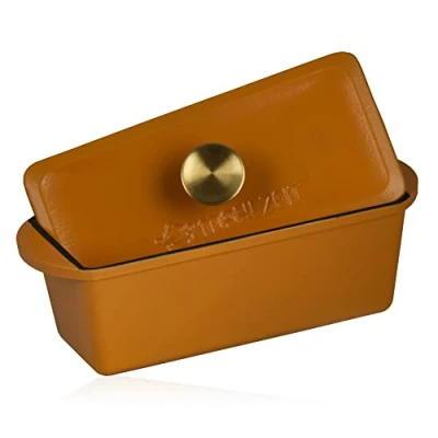 Abbildung von Mahlzeit Gusseisen Bräter mit Deckel emailliert 3 Liter Sunny Orange Backofengeeignet, Induktionsgeeignet Doppelbräter, Entenbräter groß, Emaille Schmortopf, Gänsebräter