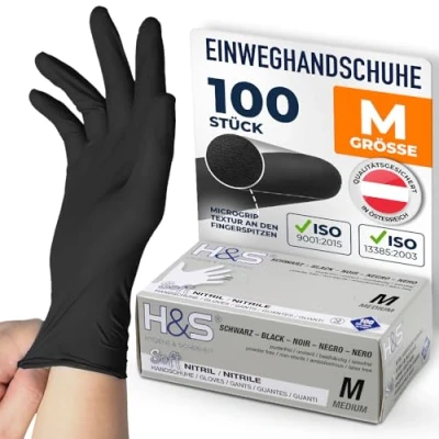 Abbildung von ISC Hygiene &amp; Safety Nitrilhandschuhe M, Einweghandschuhe, Einmalhandschuhe, Kochhandschuhe Lebensmittel 100 Stück Größe 8 Medium schwarz puderfrei non latex latexfrei Gummihandschuhe Einweg